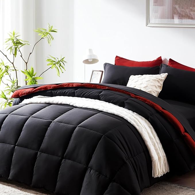 COZYART King Comforter Set 7 Pcs, Red Bed in a Bag, All Season Lightweight Soft Reversible Bedding Sets, 1 Comforter, 1 Flat Sheet, 1 Fitted Sheet, 2 Pillow Shams, 2 Pillowcases