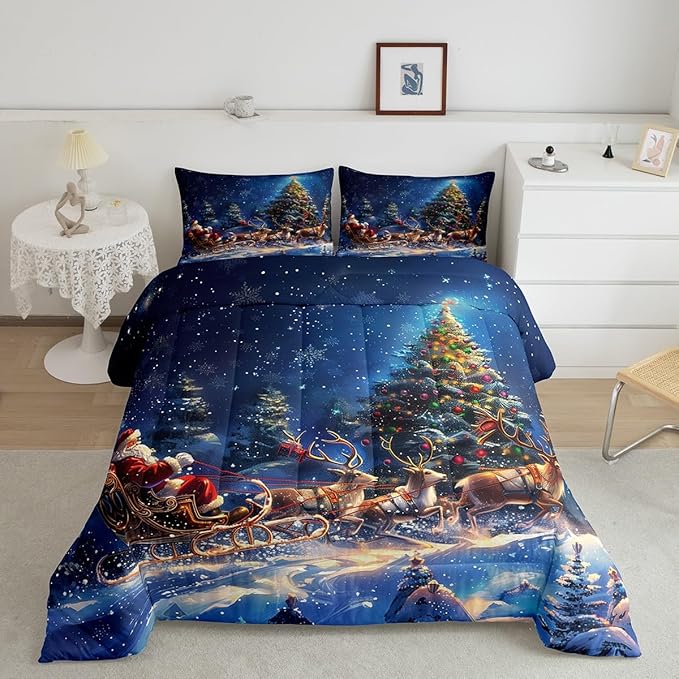 Santa Clause Elk Sleigh Comforter Set Queen Size,Christmas Tree Bedding Set for Kids Girls Boys Teens Room Decor,Winter Snow Night Quilt Set Vintage Art Painting Duvet Insert,2 Pillowcases