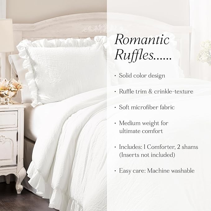 Lush Decor Reyna Ruffle Comforter Set - 3 Piece King Size Ruffle Comforter Set - Elegance for Bedroom - King, Pure White