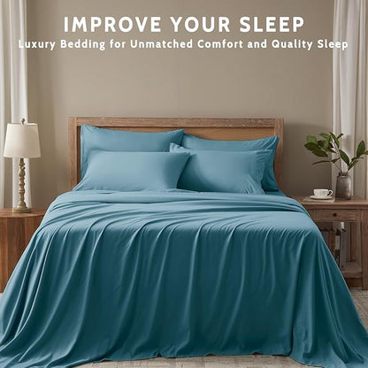 Full Size Bed Sheets - 6 Piece Soft Microfiber and Wrinkle Free Sheets - Easy Care, Extra Soft, Cooling Sheets - 1 Deep Pocket Fitted Sheet 1 Flat Sheet and 4 Pillowcases (Full Denim Blue)