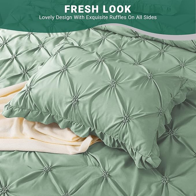 JOLLYVOGUE Queen Comforter Set 7 Pieces, Green Bed in a Bag Comforter Set for Bedroom, Bedding Comforter Sets with Comforter, Sheets,Ruffled Shams & Pillowcases