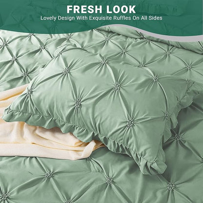 JOLLYVOGUE Queen Comforter Set 7 Pieces, Green Bed in a Bag Comforter Set for Bedroom, Bedding Comforter Sets with Comforter, Sheets,Ruffled Shams & Pillowcases