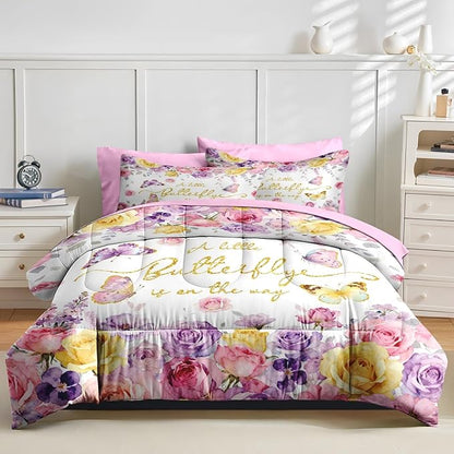 Nesker 7 Pcs Spring Comforter Set Queen Size, Pink Purple Floral Bedding Set for Kids and Adults, Roses Butterfly Bed Sheet Sets with Fitted Sheet 2 Pillowcases & 2 Shams