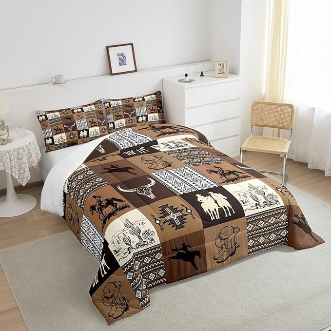 Western Cowboy Bedding Sets Twin Size,Southwest Comforter Set 2Pcs for Kids Boys Girls Men Room Decor,Vintage Aztec Tribal Quilt Set Desert Cactus Cowgirl Print Grid Duvet Insert 2Pcs,Brown