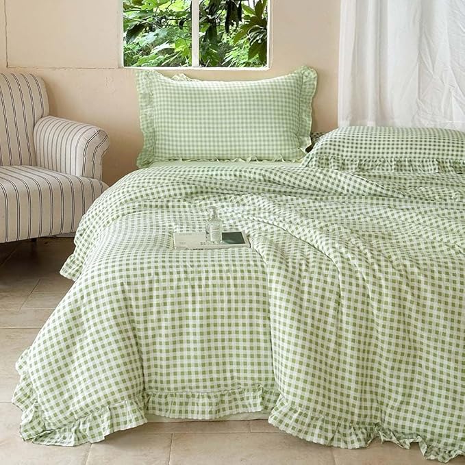 NSNLGSGC Sage Green Ruffle Gingham Comforter Set Queen, Pre-Washed Ruffled Plaid Checked Comforter Bedding, 3 Pieces Vintage Farmhouse Grid Bedding Set(Green Gingham, Queen)