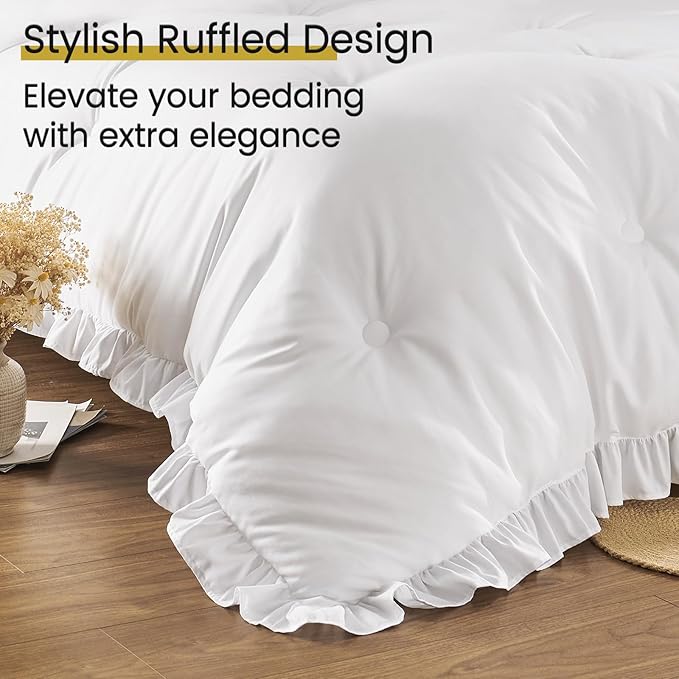 QUIETSEA King Size Bed in a Bag 7 Pieces King Size Comforter Set, Ruffle Shabby Chic Bedding Comforter Set White Bed Set with Comforter, Pillowcases, Flat Sheet, Fitted Sheet and Pillow Shams