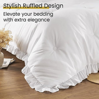 QUIETSEA Full Bed in a Bag 7 Pieces Full Size Comforter Set, Ruffle Shabby Chic Bedding Comforter Set White Bed Set with Comforter, Pillowcases, Flat Sheet, Fitted Sheet and Pillow Shams