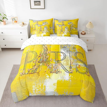 Erosebridal Paris Printed Bedding King Size 7pcs Yellow Aesthetic Comforter Set, Oil Painting Bed in a Bag Old Fashion Grunge Bedding Comforter Sets with Flat Sheet Fitted Sheet and Pillowcases