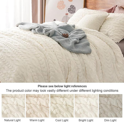PHF Fluffy Sherpa Fleece Queen Comforter Set, 3 Pieces Warm Fuzzy Soft Bedding for Winter, 3D Tufted Flannel Plush Shaggy Bed Set, 1 Comforter (90"x90") and 2 Pillowcases (20"x26"), Cream