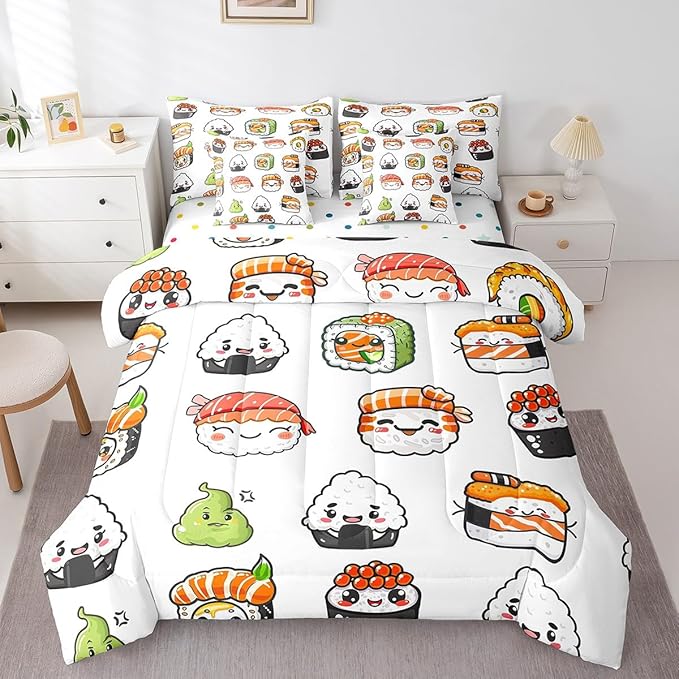 Feelyou Cute Sushi Comforter Set Twin Size 7 Pcs Japanese Nigiri Comforter Bed in a Bag Kawaii Japan Mustard Bedding Set for Boys Girls Teens Bed Set with Sheets, Pillowcases, Pillow Covers
