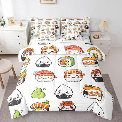 Feelyou Cute Sushi Comforter Set Twin Size 7 Pcs Japanese Nigiri Comforter Bed in a Bag Kawaii Japan Mustard Bedding Set for Boys Girls Teens Bed Set with Sheets, Pillowcases, Pillow Covers