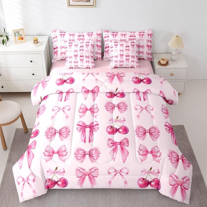 Feelyou Pink Cute Cherry Bow Comforter Set Full Size 7 Pieces Pink Bow Bedding Set for Kids Boys Girls Princess Decor Bed in a Bag with Comforter, Sheets, Pillowcases, Cushion Covers