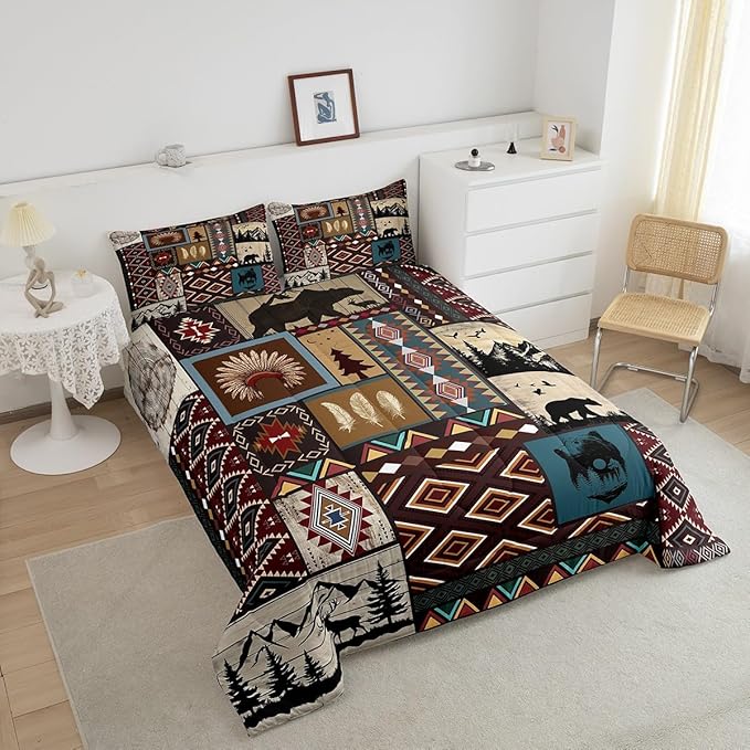 Western Bedding Sets Wild Bear Elk Deer Quilt,Ethnic Tribal Arrow Bohemian Comforter Set Woodland Animals Duvet Insert Full,Retro Rustic Farmhouse Decor,Geometric Diamond Triangle Southwestern Decor