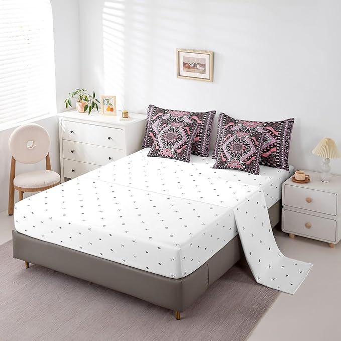 Feelyou Sun Moon Bed in a Bag with Comforter, Queen Size 7Pcs Boho Exotic Bedding Set with Comforter, Pink Bohemian Galaxy Comforter Women Men Teens Ultra Soft Decor Astrology Space Room Decor