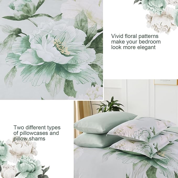 Dobuyly Floral Comforter Set Queen 7 Piece Bed in a Bag, Sage Green Reversible Comforter Set with Sheets, Soft Microfiber Botanical Flowers Summer Bedding Set for All Season