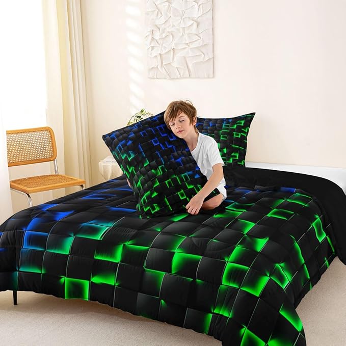 Erosebridal Geometric Checkered Comforter Set Queen Neon Blue Green Bedding Set for Kids Boys Teen Gamer Room Decor,Abstract Ombre Plaid Comforter Grids Quilt Duvet Black