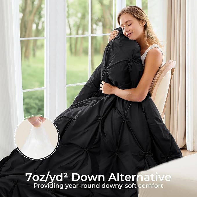 Sasttie Twin Comforter Set, 5-Piece Bed in a Bag, Pintuck Bedding Sets for All Season, Includes Comforter, Flat Sheet, Fitted Sheet, Pillowcase and Pillowsham, Black