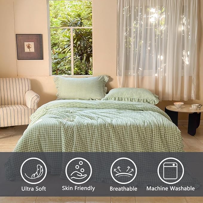 NSNLGSGC Sage Green Ruffle Gingham Comforter Set Twin, Pre-Washed Ruffled Plaid Checked Comforter Bedding, 2 Pieces Vintage Farmhouse Grid Bedding Set(Green Gingham, Twin)