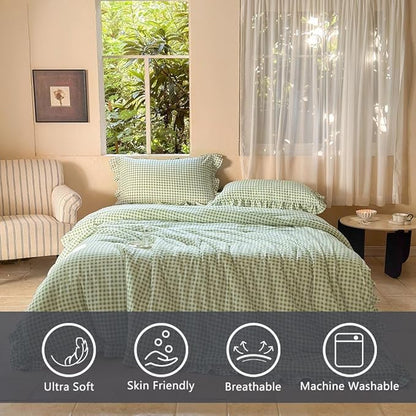 NSNLGSGC Sage Green Ruffle Gingham Comforter Set King, Pre-Washed Ruffled Plaid Checked Comforter Bedding, 3 Pieces Vintage Farmhouse Grid Bedding Set(Green Gingham, King)