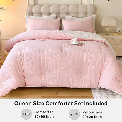 Boho Comforter Set Queen Size Striped Pleats Bohemian Seersucker Bedding Set All Season Soft Cozy 3 Pieces Quilt with 2 Pillowcases(90"X90" Blush Pink)