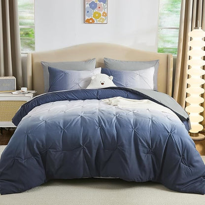 Dinjoy Ombre Comforter Set Twin Size, 5-Piece Bed in a Bag for Kid Teen, Pintuck Colorful Rainbow Bedding Sets with Comforter, Flat Sheet, Fitted Sheet and Pillowcases & Shams, Blue