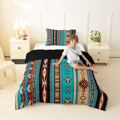 Aztec Bedding Set Ethnic Tribal Arrow Comforter Set,Vintage Southwestern Native Bohemian Quilt Twin,Western Star Duvet Insert Exotic Geometric Diamond Stripes Room Decor,Teal Blue and Brown