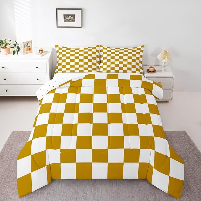 Feelyou Checkered Bedding Set Teen Women Men Yellow White Plaid Decoration Comforter Set Full Size Kids Boys Girls Cute Retro Neutral Grid Geometric Duvet Insert Vintage Aesthetic Room Decor
