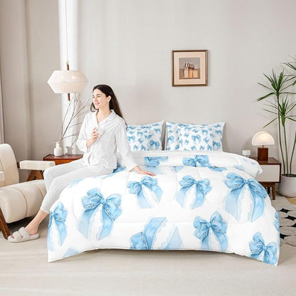 Erosebridal Kawaii Cute Girls Bowknot Blue Full Comforter Set 7 Pieces | Lace Dreamy Bed in A Bag for Bedroom Princess Bedding Set with Comforters Bow Kids Room Decor