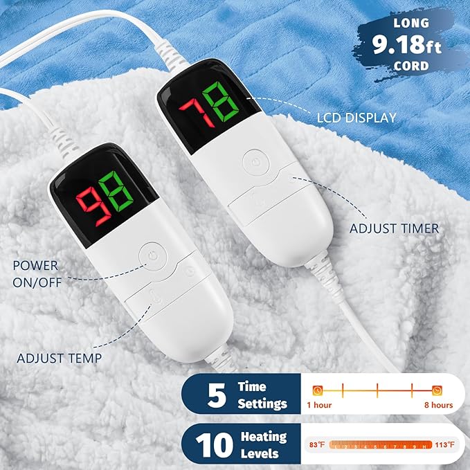 Heated Electric Blanket King Size - 90" x 100" Heating Blanket with Dual Control, 10 Heating Levels & 8 Hours Auto Off, Soft Warm Flannel Blanket, Christmas Birthday Gifts for Senior Grandma