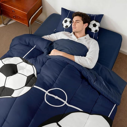 Erosebridal Football Bedding Set King Size 7 Pieces Boys Sports Theme for Teens Soccer Ball Pattern Bed in a Bag Football Court Comforter Set with Sheets Playground Blue White for Kids Girls