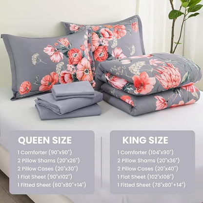 King Size Comforter Set - 7 Pieces Floral Comforter and Sheet Set, Dark Grey King Size Bed in a Bag, Soft Microfiber Flower Complete Bedding Set for All Seasons（Dark Grey,104"x90"）