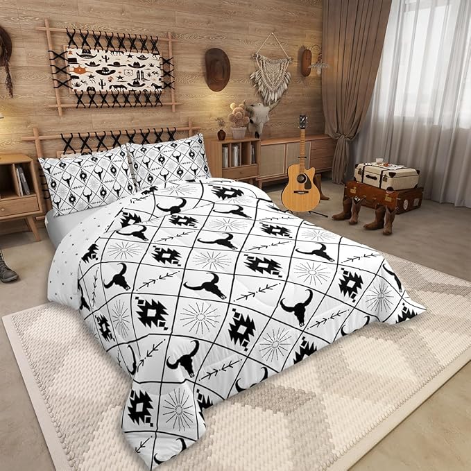 Erosebridal Boys Bull Skull Comforter Set Twin Size, Ethnic Western Horns Bedding Set Teens Tribal Aztec Boho Southwestern Duvet Insert Farmhouse Animal Vintage Quilt, 1 Pillow Case, Black White