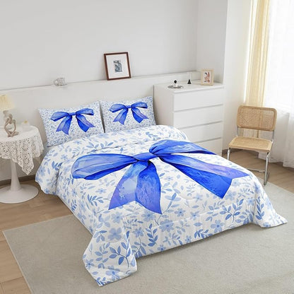 Erosebridal Blue Bow Bedding Set for Kids Boys Girls Teen,Bowknot Bedding Comforter Sets Cute Bow Tie Comforter Set King Size Watercolor Flower Plant Quilt Duvet Room Decor 2 Pillow Cases