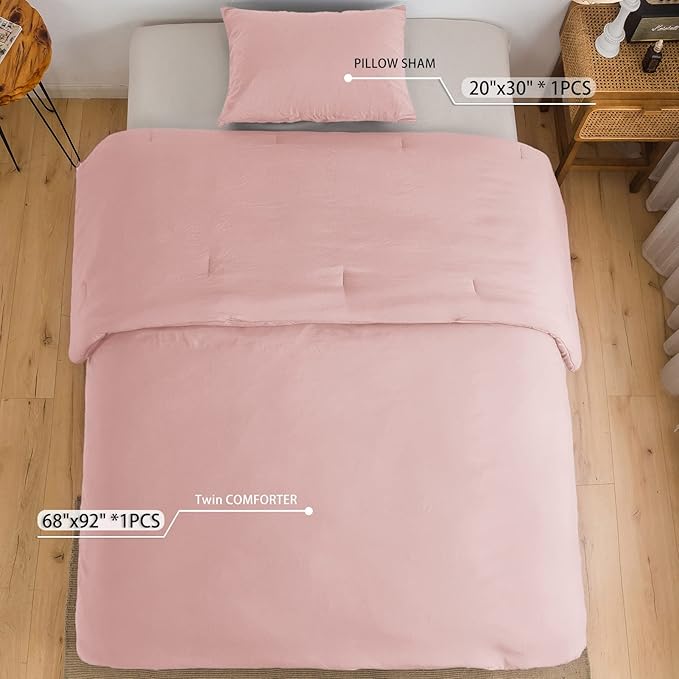 COTTEBED Light Pink Twin XL Comforter Set for College Girls, Ultra-Soft Lightweight Washed Cotton Twin Bedding Comforter Sets for Kids Women Student School Dorm All Season Use, Blush Pink Twin/Twin XL