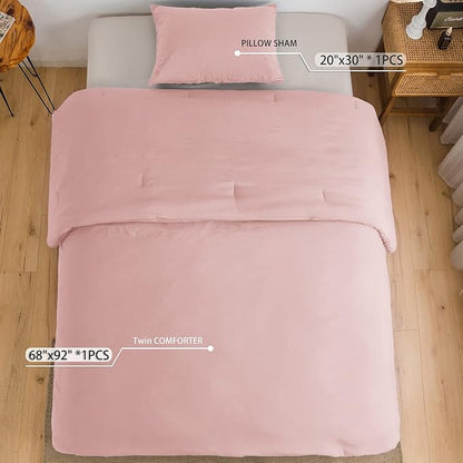 COTTEBED Light Pink Twin XL Comforter Set for College Girls, Ultra-Soft Lightweight Washed Cotton Twin Bedding Comforter Sets for Kids Women Student School Dorm All Season Use, Blush Pink Twin/Twin XL