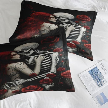 Comforter Set King Size, Death Skeleton Black 7 Pcs Bedding for Kids and Adults, Lover Rose Bed Sheet Sets with Fitted Sheet 2 Pillowcases & 2 Shams for Bedroom Bed Decor