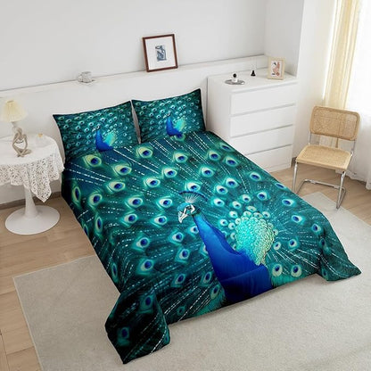 Erosebridal Peacock Bedding Set King Size Teal Cute Animal Pattern Comforter Set Peacock Feather Printed Decor Duvet Filler Adult Women Soft Quilted Duvet