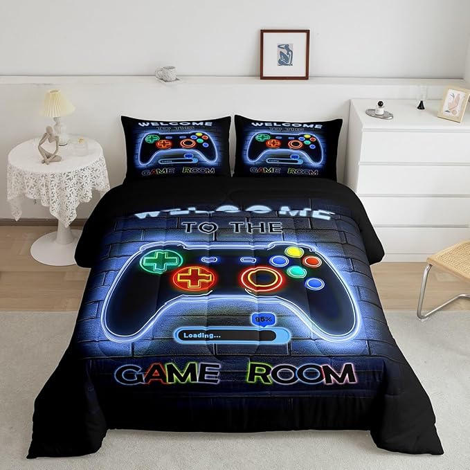 jejeloiu Blue Gamer Gaming Bedding Set Toddle Size for Boys Game Console Comforter Set Kids Teens Neon Light Duvet Set Cool Game Room Decor Quilt Set 2Pcs