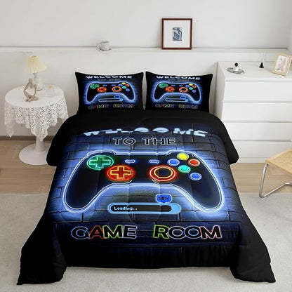 jejeloiu Blue Gamer Gaming Bedding Set Toddle Size for Boys Game Console Comforter Set Kids Teens Neon Light Duvet Set Cool Game Room Decor Quilt Set 2Pcs