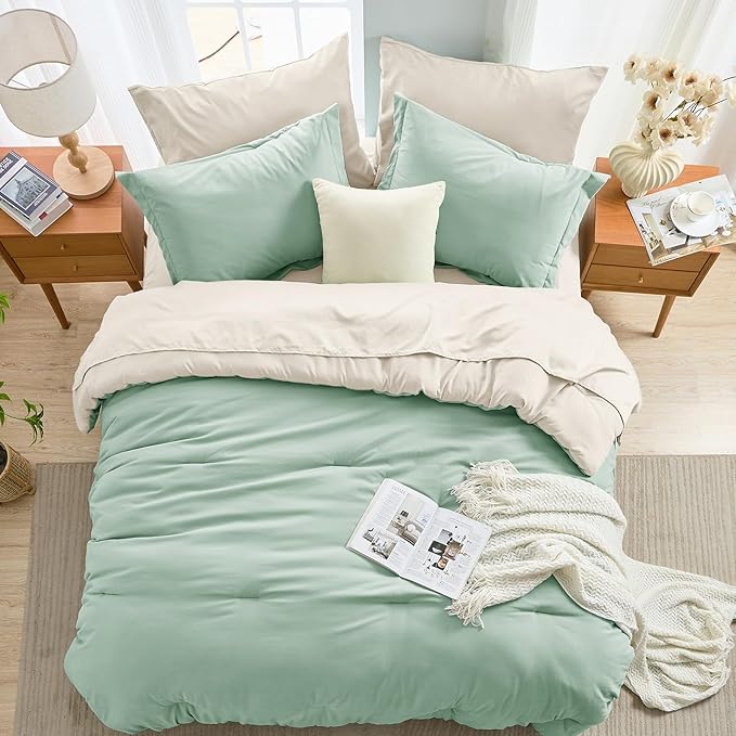 MUXHOMO 7 Pieces King Comforter Set, Soft Bed in a Bag King Size, All Season Bedding Set with Comforter, Flat Sheet, Fitted Sheet, Pillowcases & Shams, Sage Green & Beige