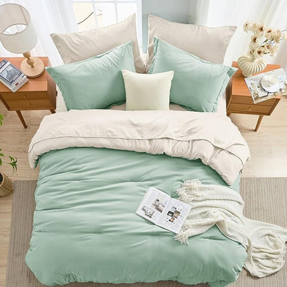 MUXHOMO 7 Pieces Queen Comforter Set, Soft Bed in a Bag Queen Size, All Season Bedding Set with Comforter, Flat Sheet, Fitted Sheet, Pillowcases & Shams, Sage Green & Beige