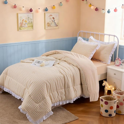A Nice Night Comforter Twin Size,Khaki Ruffle Comforter for Dorm Room Essentials for Twin Bed,Plaid Checkered Chic Bedding Bed in a Bag for Girls