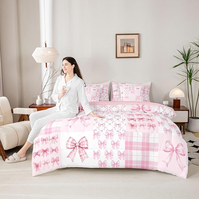Feelyou Pink Bow Comforter Set with Sheets 7 Piece Queen Size Cute Bowknot Bedding Set for Kids Boys Girls Bow Plaid Grid Bed in a Bag Princess Decor Room Decor Soft Lightweight Microfiber