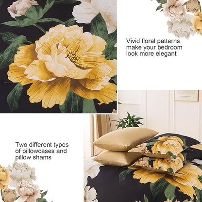 Dobuyly King Size Comforter Set 7 Piece Bed in a Bag, Yellow Brown Floral Printed on Black Comforter Set with Sheets, Soft Microfiber Botanical Boho Complete Bedding Set for All Season