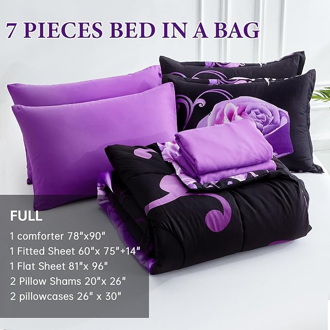 WONGS BEDDING Purple Comforter Set Full, 7 Pieces Reversible Purple Rose Pattern Bed in a Bag Lightweight Soft Microfiber Filling Comforter Sets with Pillowcases & Shams, Flat Sheet, Fitted Sheet