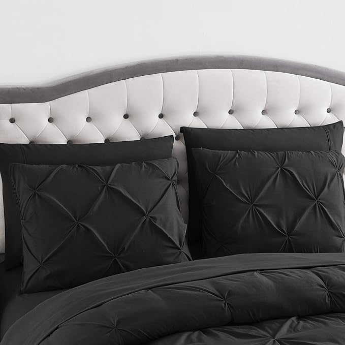 Comforter Set 8 Piece Bed in a Bag Design, Bed Sheets, 2 Pillowcases, & 2 Shams Down Alternative All Season Warmth, Queen, Pintuck Black, (Pack of 3)
