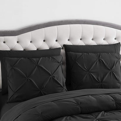 King Size Comforter Set 8 Piece Bed in a Bag with Bed Skirt, Fitted Sheet, Flat Sheet, 2 Pillowcases, 2 Pillow Shams, King, Pintuck Black