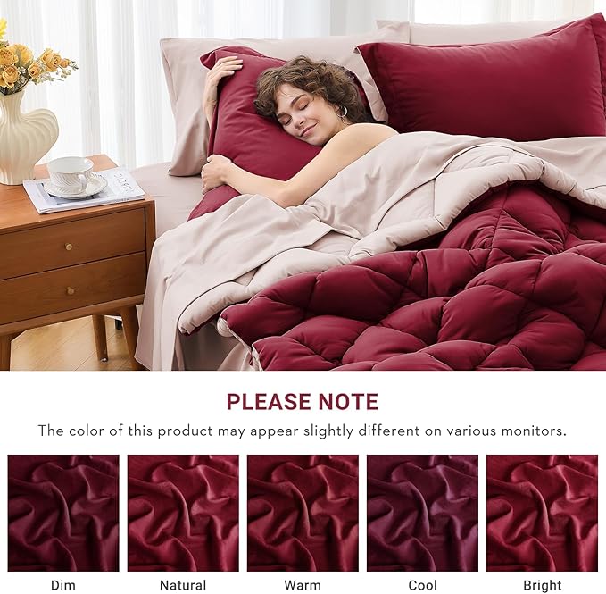 MUXHOMO 7 Pieces Queen Comforter Set, Reversible Bed in a Bag Queen Size, All Season Bedding Set with Comforter, Flat Sheet, Fitted Sheet, Pillowcases & Shams, Burgundy & Rose Gold