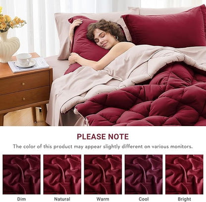 MUXHOMO 7 Pieces California King Comforter Set, Reversible Bed in a Bag Cal King Size, All Season Bedding Set with Comforter, Flat Sheet, Fitted Sheet, Pillowcases & Shams, Burgundy & Rose Gold