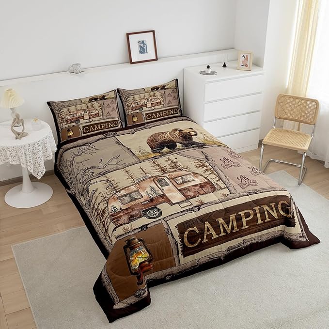 Happy Camping Comforter Set,RV Bedding Set for Kids Boys RV Gift,Rustic Farmhouse Camping Lovers Bedding Comforter Sets Vintage Country Woodland Hunting Animal Duvet Insert with 2 Pillowcases,King
